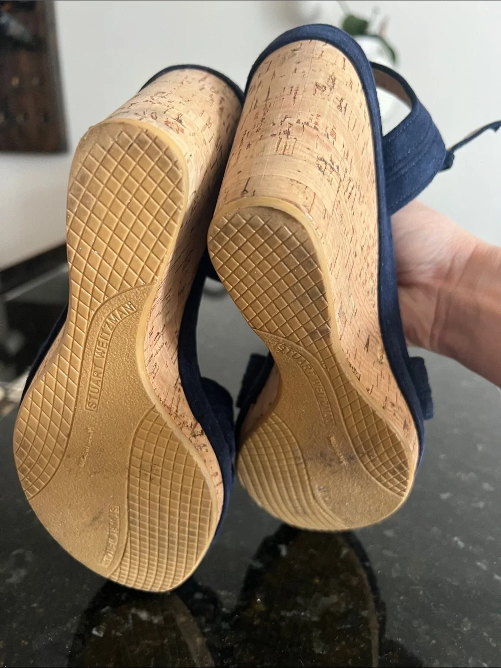 Stuart Weitzman Navy Suede Platform Heels with Ankle Strap